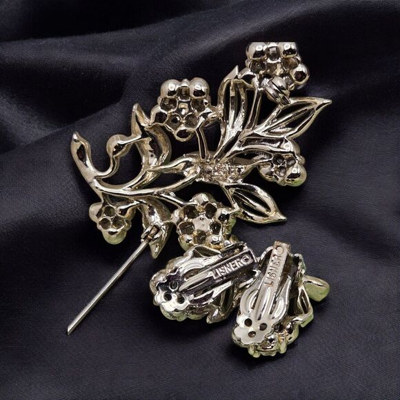 Signed Silver Tone Lisner Brooch & Earring Set Leaf Stemmed Rhinestone Flowers - Picture 7 of 11